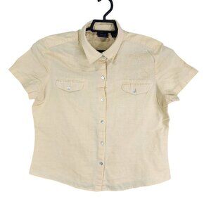 Womens Yellow Laura Scott Shirt Linen Blend Button Down Short Sleeve Size 14